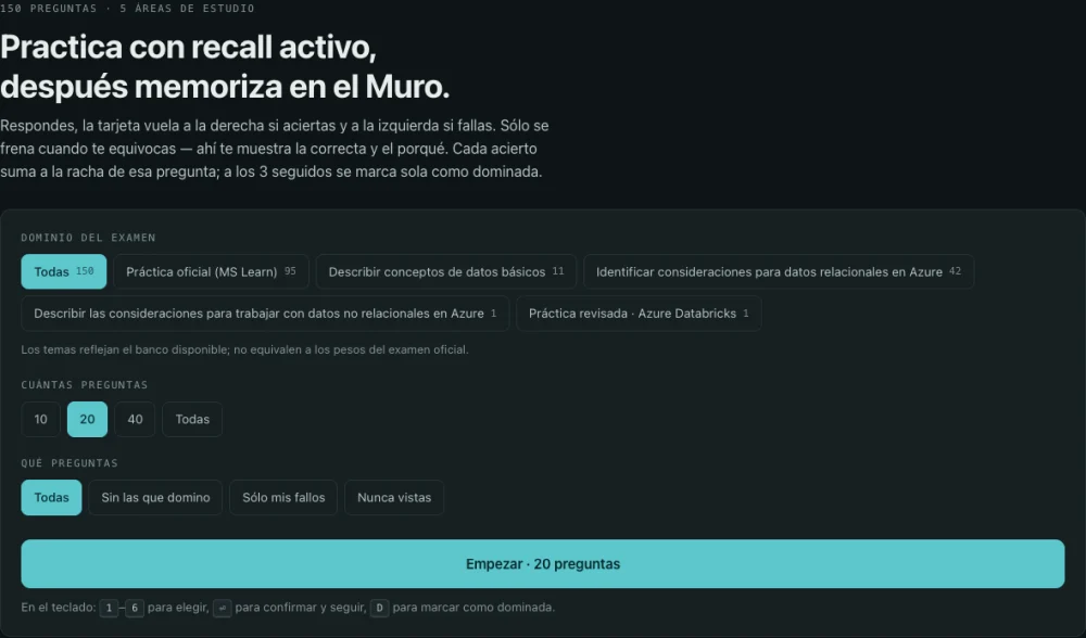 Pantalla de preparación del portal en tema oscuro: filtros por dominio del examen, cantidad de preguntas y tipo de preguntas, con el botón Empezar.