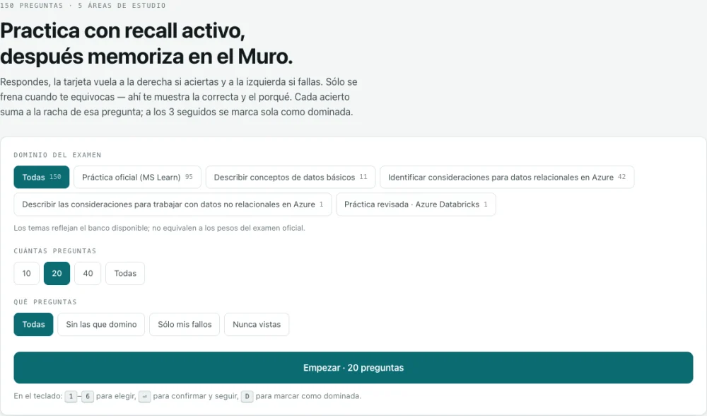 Pantalla de preparación del portal: filtros por dominio del examen, cantidad de preguntas y tipo de preguntas, con el botón Empezar.